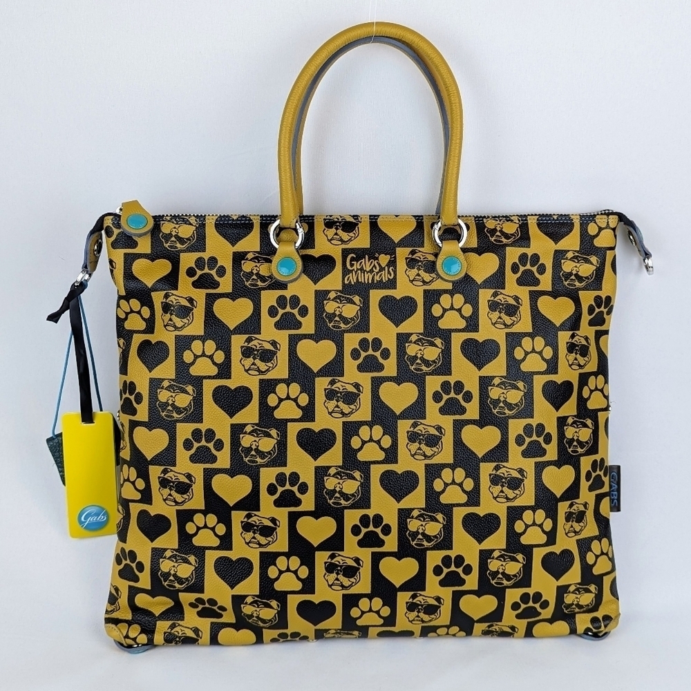 GABS Convertible Tote Backpack Leather Denim Bulldog Paw Heart Mustard Blue NWT
